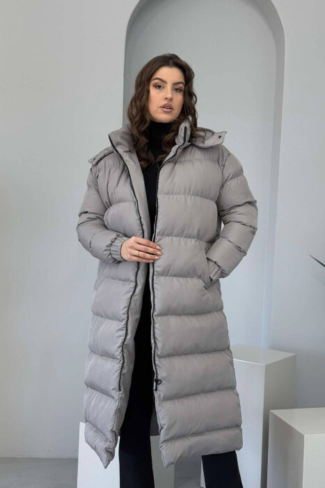 LONG WOMEN PUFFER JACKET IN GREY COLOR 