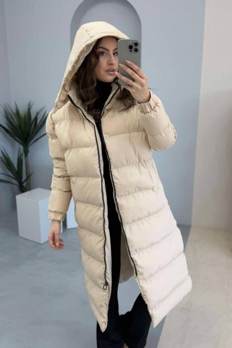 LONG WOMEN PUFFER JACKET IN BEIGE COLOR - 3