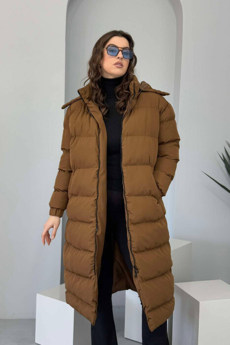 LONG WOMEN PUFFER JACKET IN BROWN COLOR - 1