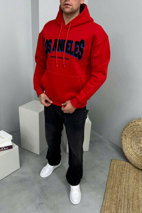 LOS ANGELES FRONT WRITTINGS FLUFFY MEN HOODIE RED/E KUQE - 1