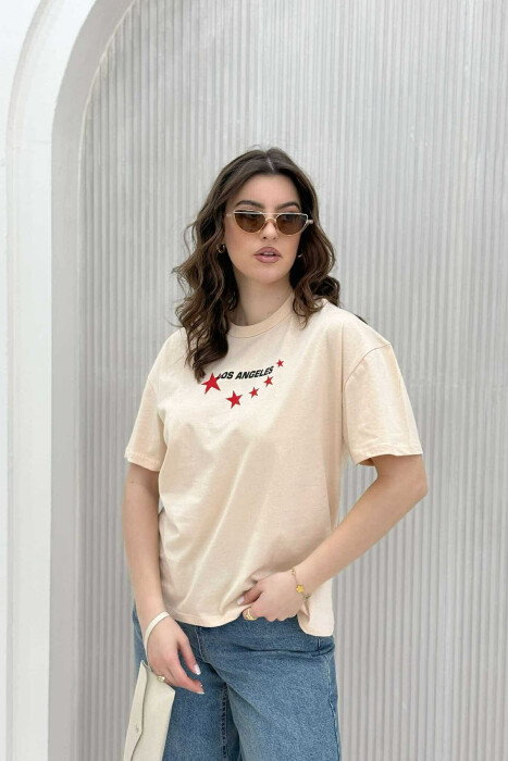 LOS ANGELES STARS DESIGN WOMEN T-SHIRT BEIGE/BEZHE 