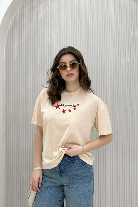 LOS ANGELES STARS DESIGN WOMEN T-SHIRT BEIGE/BEZHE - 3