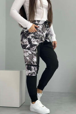 MARBLE PRINT ZIPPER POCKETS WOMEN JOGGERS BLACK-WHITE/ZB 