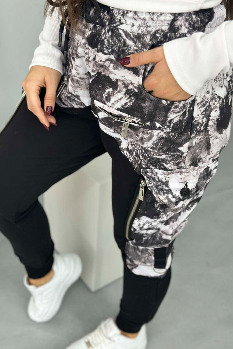 MARBLE PRINT ZIPPER POCKETS WOMEN JOGGERS BLACK-WHITE/ZB - 2