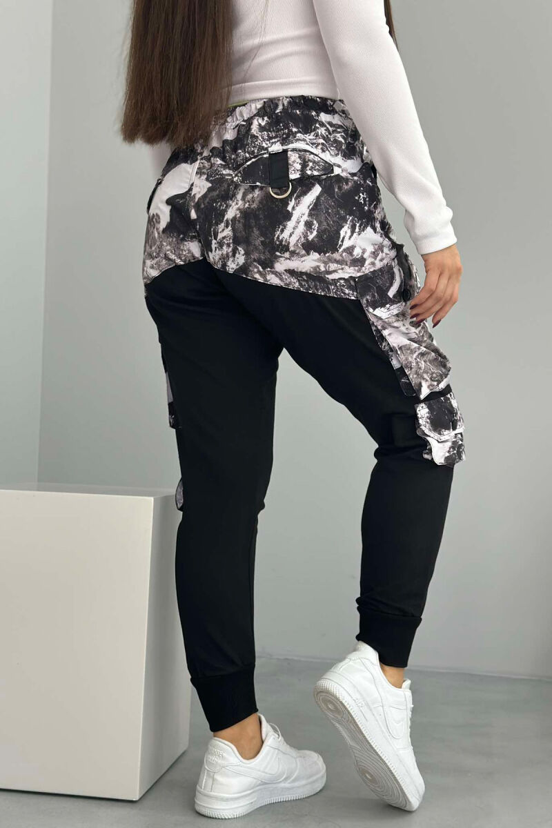 MARBLE PRINT ZIPPER POCKETS WOMEN JOGGERS BLACK-WHITE/ZB - 3