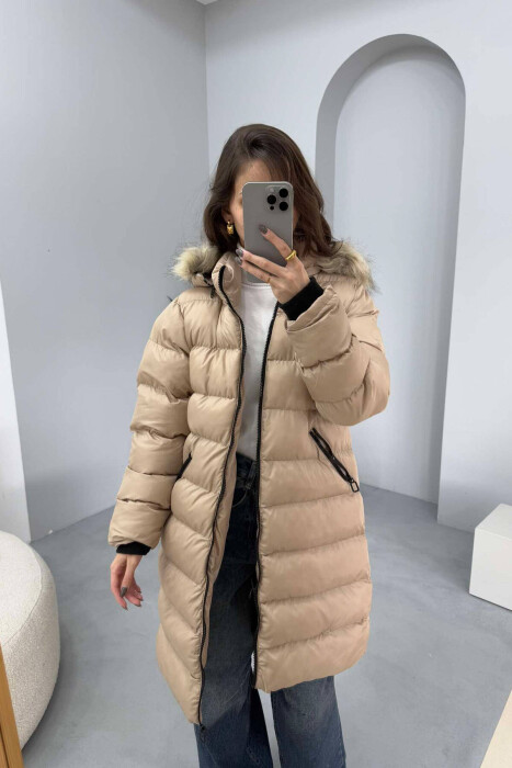 MEDIUM LENGTH WOMEN PUFFER JACKET BEIGE/BEZHE - KLAUDIO FASHION