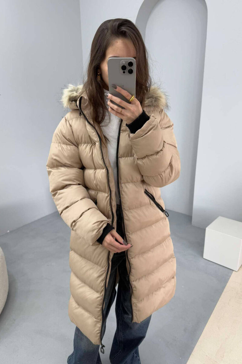MEDIUM LENGTH WOMEN PUFFER JACKET IN BEIGE COLOR - 2