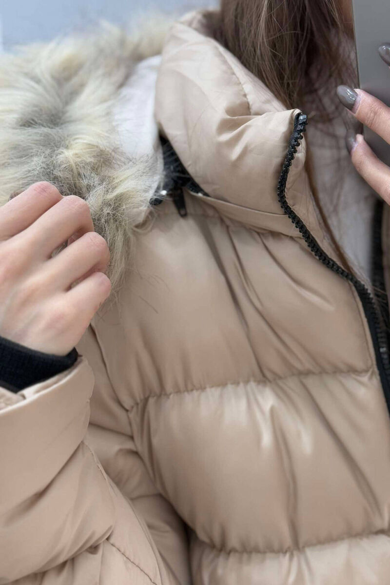 MEDIUM LENGTH WOMEN PUFFER JACKET IN BEIGE COLOR - 3