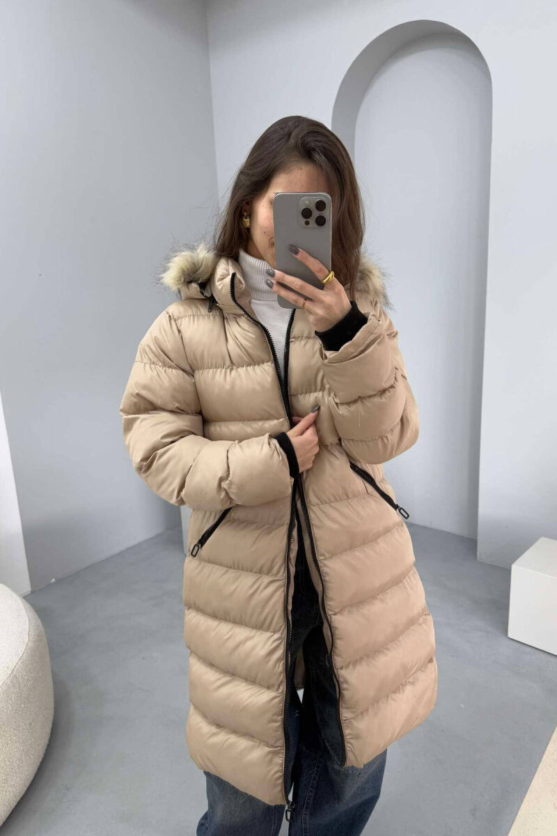 MEDIUM LENGTH WOMEN PUFFER JACKET IN BEIGE COLOR - 5