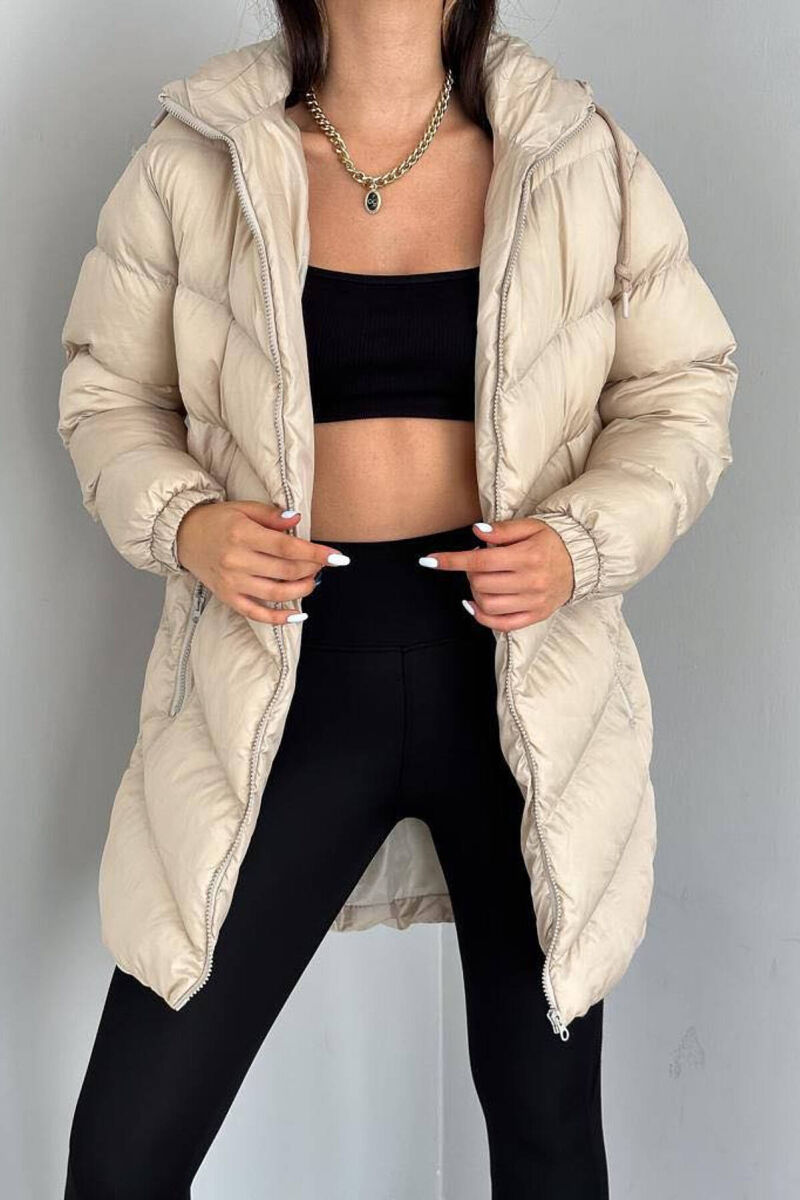MIDI HOOD ZIPPER WOMAN PUFFER JACKET BEIGE/BEZHE - 1