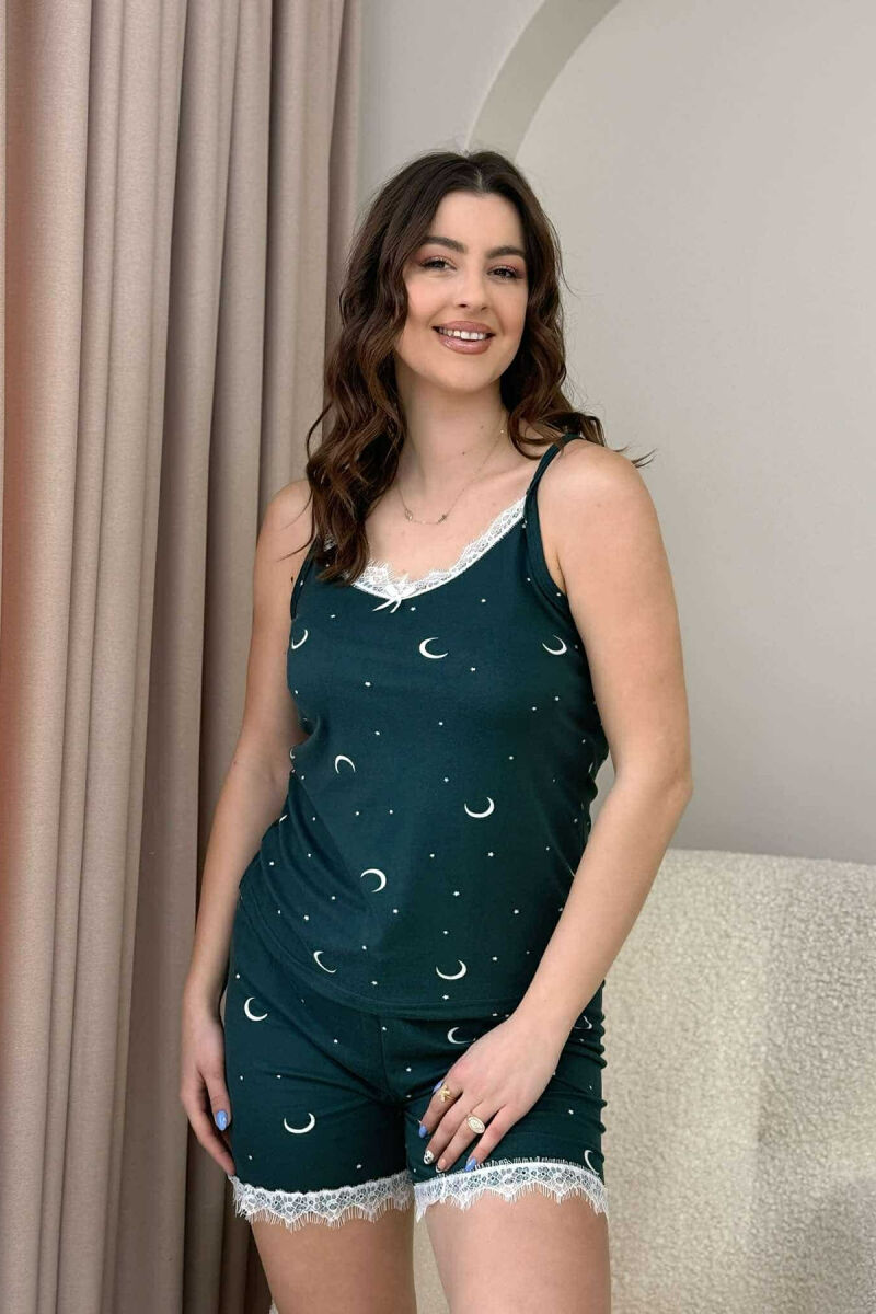 MOON & STARS DESIGN TANK TOP+SHORTS WOMEN PYJAMAS GREEN/JESHILE - 1