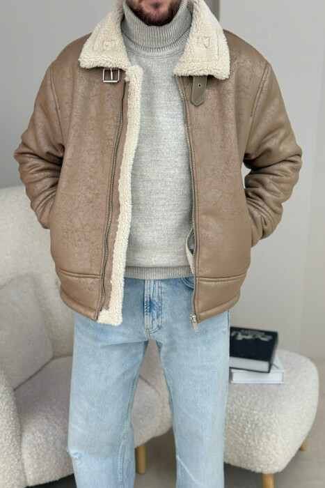 NECK AND BOTTOM BELTED FLUFFY MEN PUFFER JACKET BEIGE/BEZHE - KLAUDIO FASHION