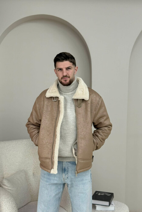 NECK AND BOTTOM BELTED FLUFFY MEN PUFFER JACKET BEIGE/BEZHE - 2