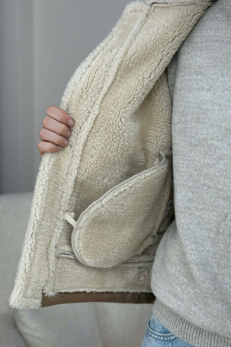 NECK AND BOTTOM BELTED FLUFFY MEN PUFFER JACKET BEIGE/BEZHE - 3