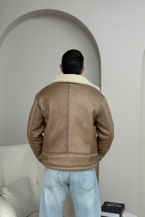 NECK AND BOTTOM BELTED FLUFFY MEN PUFFER JACKET BEIGE/BEZHE - 4