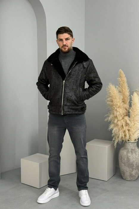 NECK AND BOTTOM BELTED FLUFFY MEN PUFFER JACKET BLACK/ E ZEZE - 2
