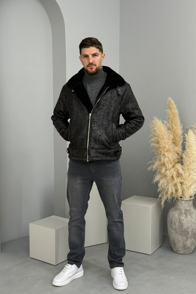 NECK AND BOTTOM BELTED FLUFFY MEN PUFFER JACKET BLACK/ E ZEZE - 2