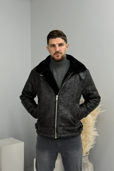 NECK AND BOTTOM BELTED FLUFFY MEN PUFFER JACKET BLACK/ E ZEZE - 4