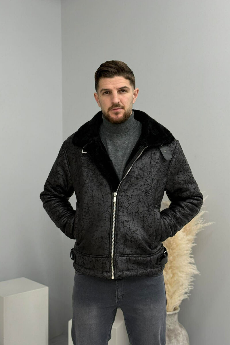 NECK AND BOTTOM BELTED FLUFFY MEN PUFFER JACKET BLACK/ E ZEZE - 4