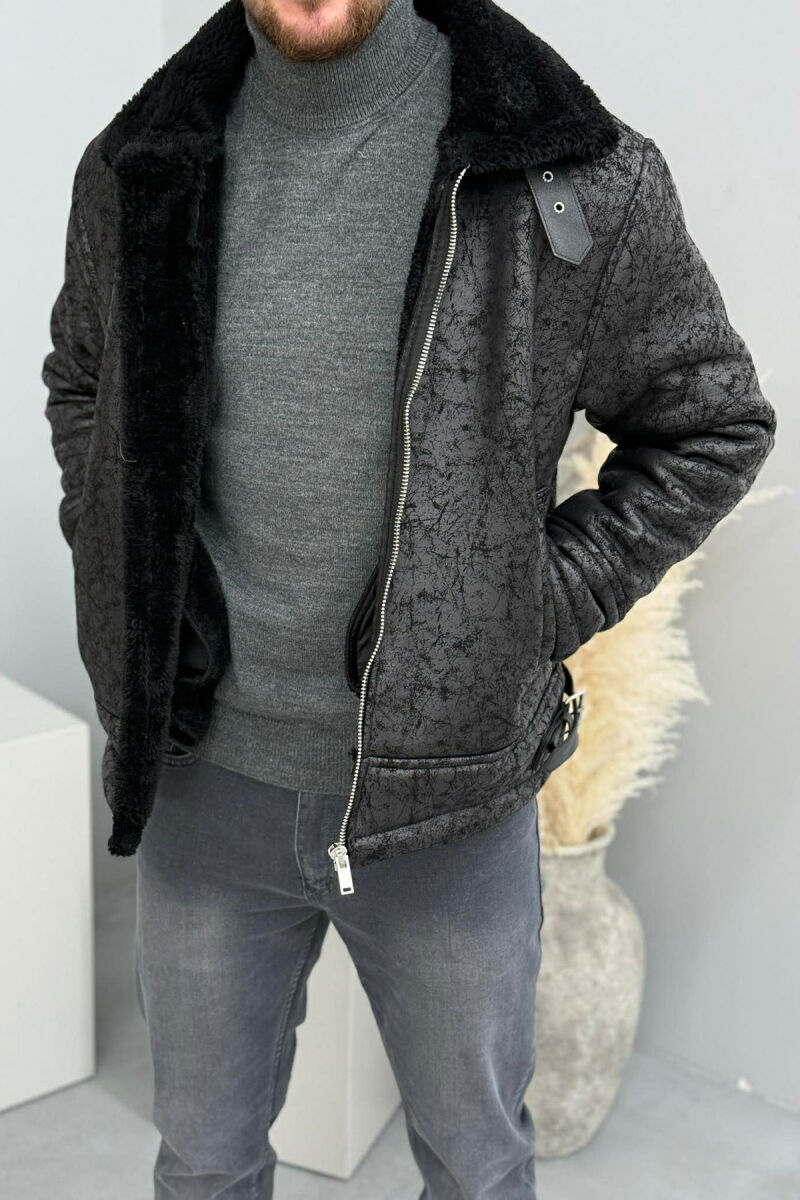 NECK AND BOTTOM BELTED FLUFFY MEN PUFFER JACKET BLACK/ E ZEZE - 1