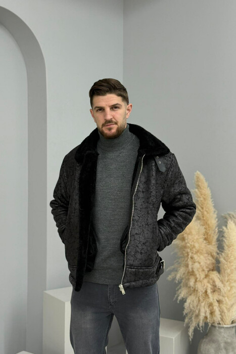 NECK AND BOTTOM BELTED FLUFFY MEN PUFFER JACKET BLACK/ E ZEZE - 6