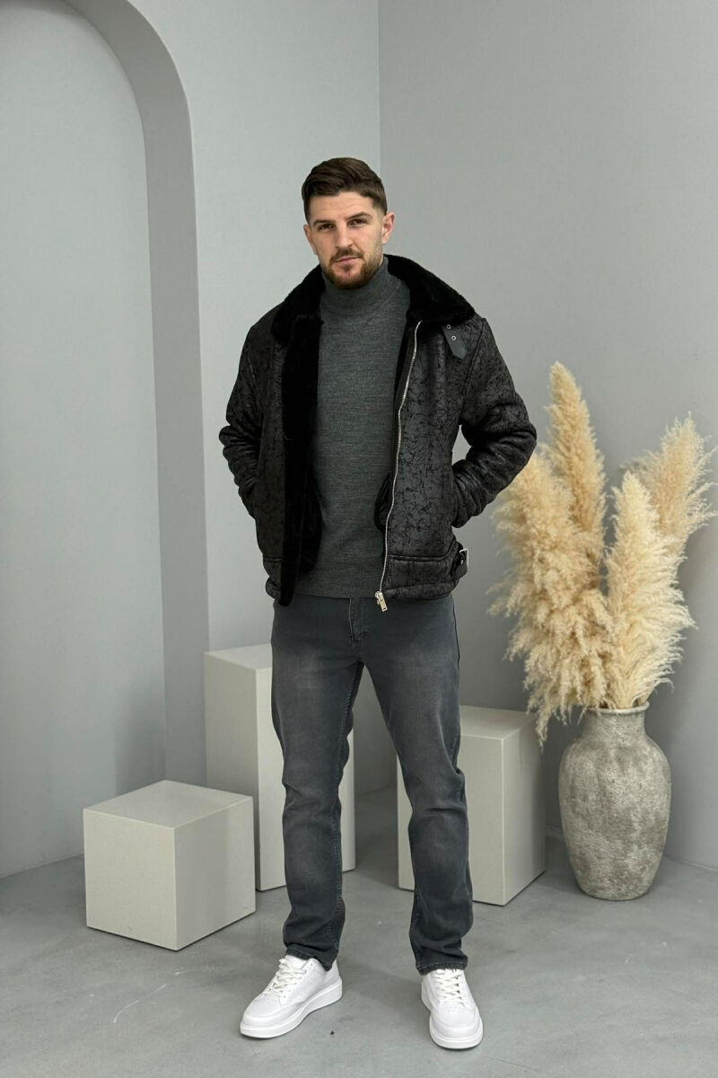 NECK AND BOTTOM BELTED FLUFFY MEN PUFFER JACKET BLACK/ E ZEZE - 7