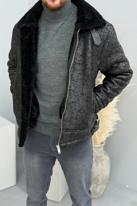 NECK AND BOTTOM BELTED FLUFFY MEN PUFFER JACKET BLACK/ E ZEZE - KLAUDIO FASHION