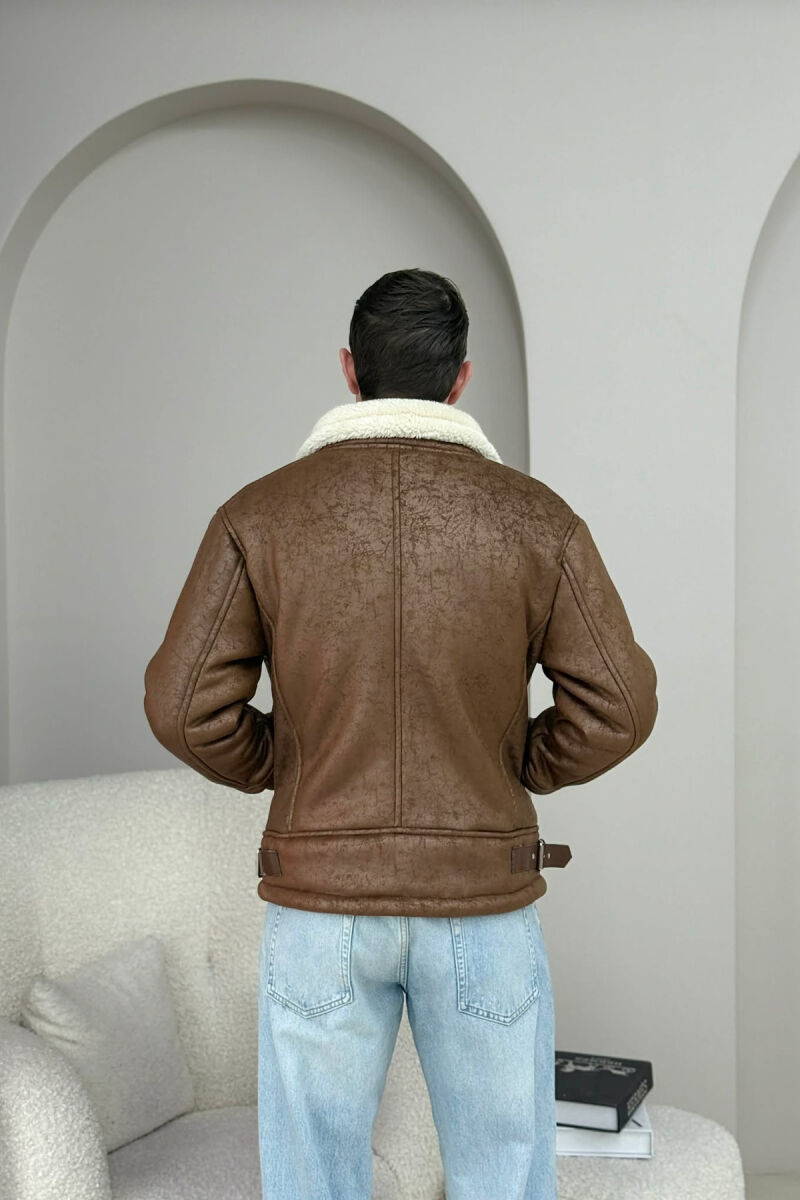 NECK AND BOTTOM BELTED FLUFFY MEN PUFFER JACKET BROWN/KAFE - 4