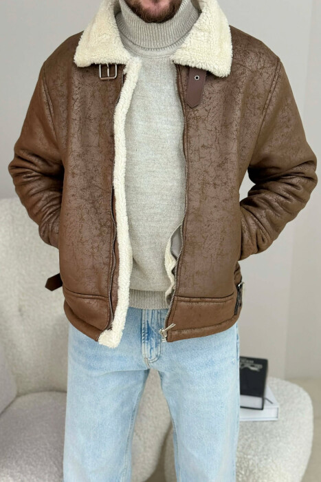 NECK AND BOTTOM BELTED FLUFFY MEN PUFFER JACKET BROWN/KAFE - 1