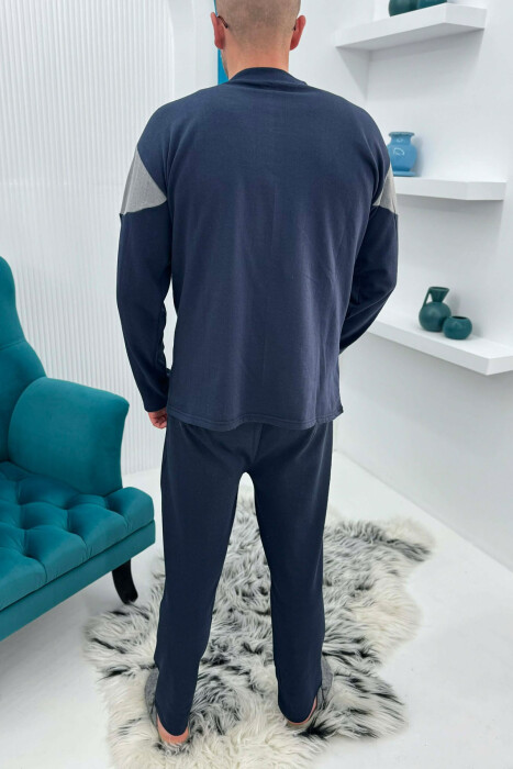 NECK BUTTONS SWEATSHIRT+TROUSERS MEN PYJAMAS DARK BLUE/BEE - 4