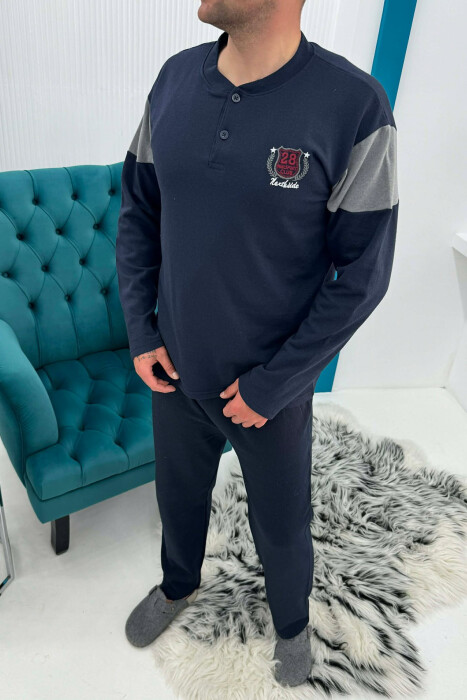 NECK BUTTONS SWEATSHIRT+TROUSERS MEN PYJAMAS DARK BLUE/BEE - 3