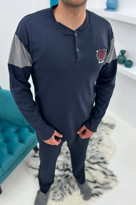 NECK BUTTONS SWEATSHIRT+TROUSERS MEN PYJAMAS DARK BLUE/BEE - 2