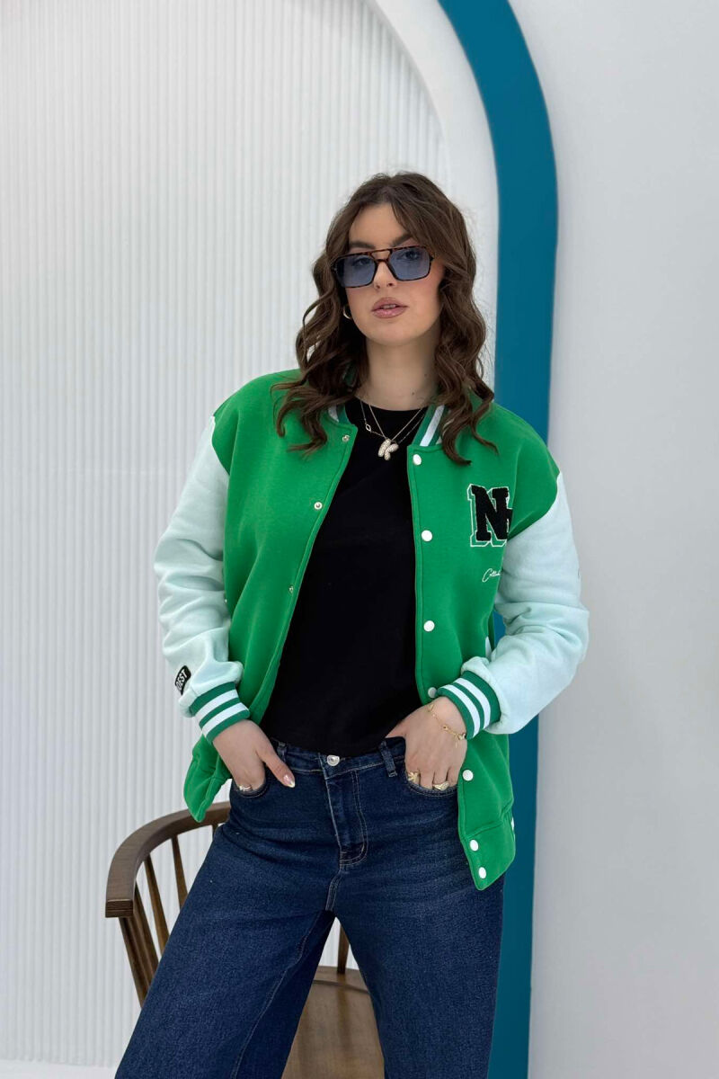 NY LOGO FLUFFY BOMBER WOMEN JACKET WHITE/GREEN-BAJE - 1