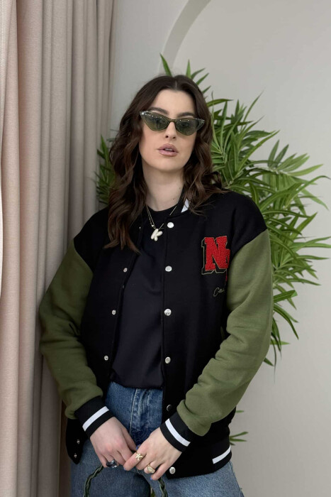 NY LOGO SIMPLE FLUFFY BOMBER WOMEN JACKET BLACK-GREEN/ZEJE 