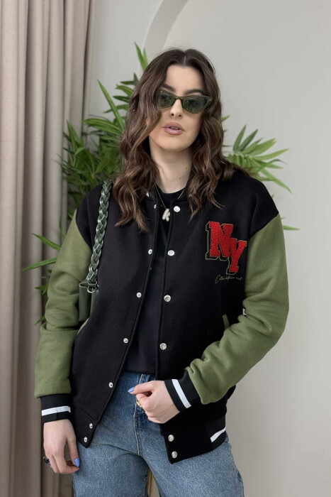 NY LOGO SIMPLE FLUFFY BOMBER WOMEN JACKET BLACK-GREEN/ZEJE - 2