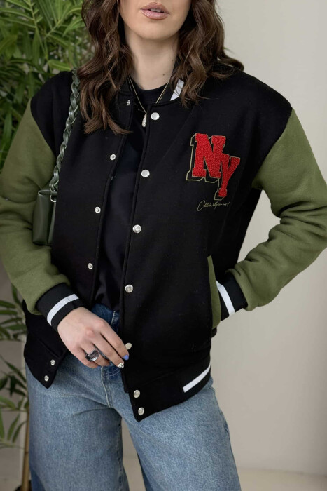 NY LOGO SIMPLE FLUFFY BOMBER WOMEN JACKET BLACK-GREEN/ZEJE - 4