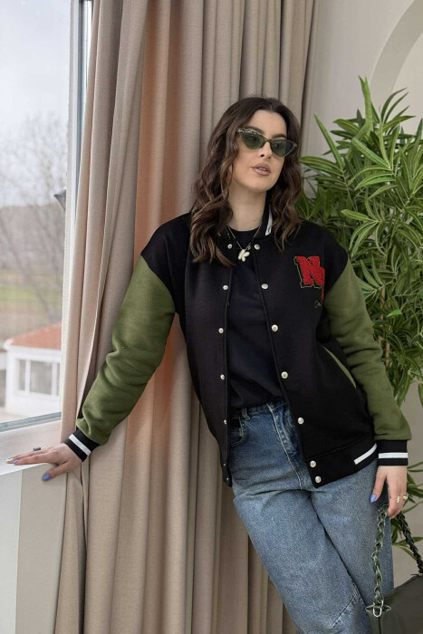 NY LOGO SIMPLE FLUFFY BOMBER WOMEN JACKET BLACK-GREEN/ZEJE - 5