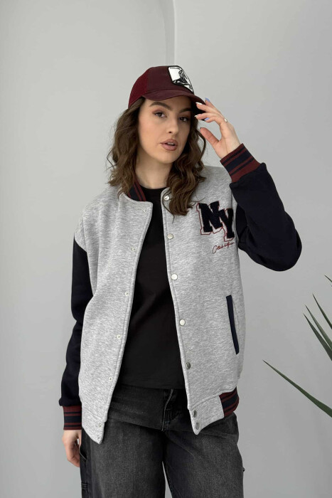 NY LOGO SIMPLE FLUFFY BOMBER WOMEN JACKET BLACK-GREY/ZEGR 