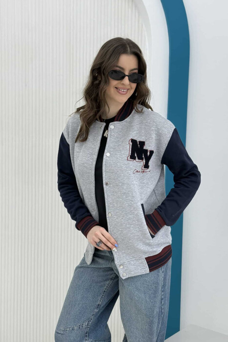 NY LOGO SIMPLE FLUFFY BOMBER WOMEN JACKET GREY-BURGUNDY/GRVI 