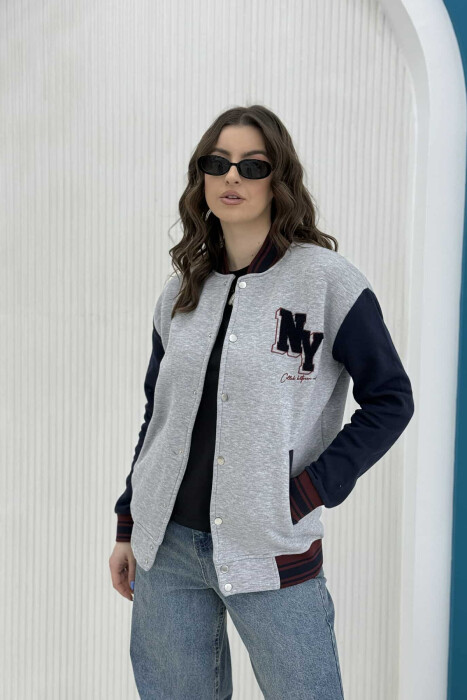 NY LOGO SIMPLE FLUFFY BOMBER WOMEN JACKET GREY-BURGUNDY/GRVI - 3