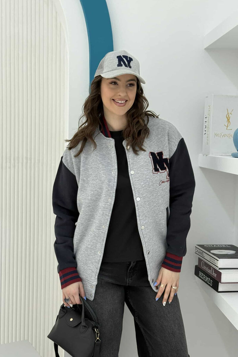 NY LOGO SIMPLE FLUFFY BOMBER WOMEN JACKET GREY-DARK BLUE/GRBEE - 5