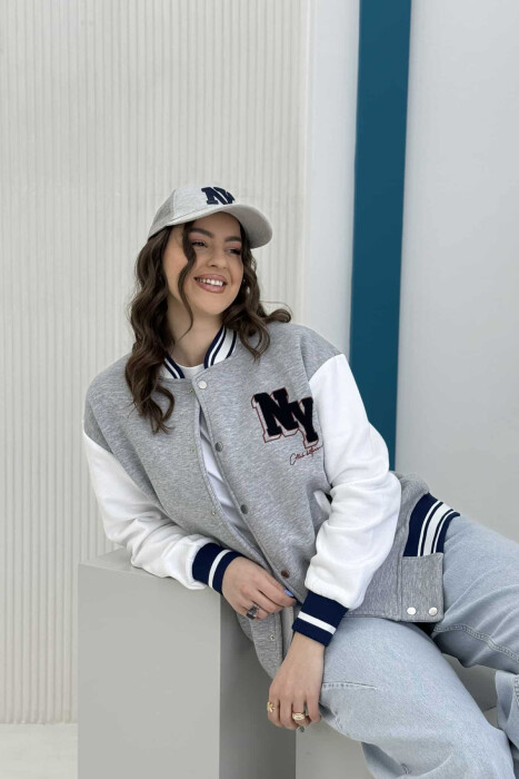 NY LOGO SIMPLE FLUFFY BOMBER WOMEN JACKET GREY-WHITE/GRBA 