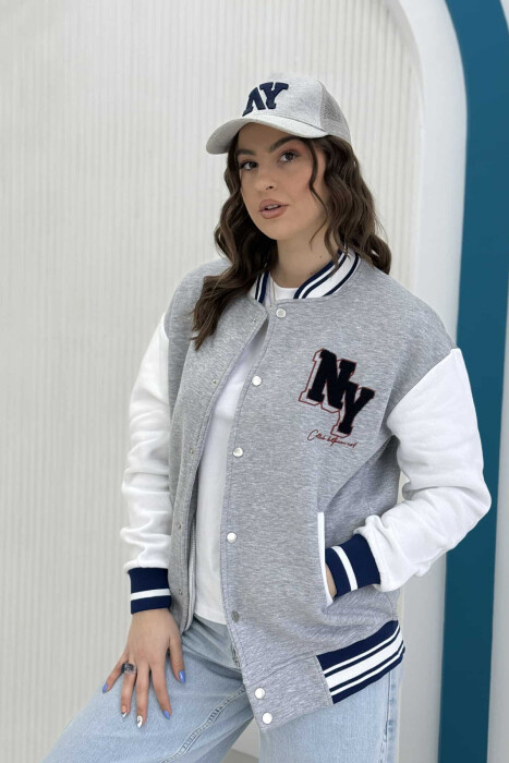 NY LOGO SIMPLE FLUFFY BOMBER WOMEN JACKET GREY-WHITE/GRBA - 2