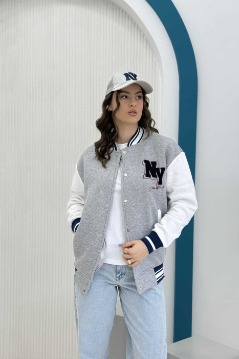 NY LOGO SIMPLE FLUFFY BOMBER WOMEN JACKET GREY-WHITE/GRBA - 4