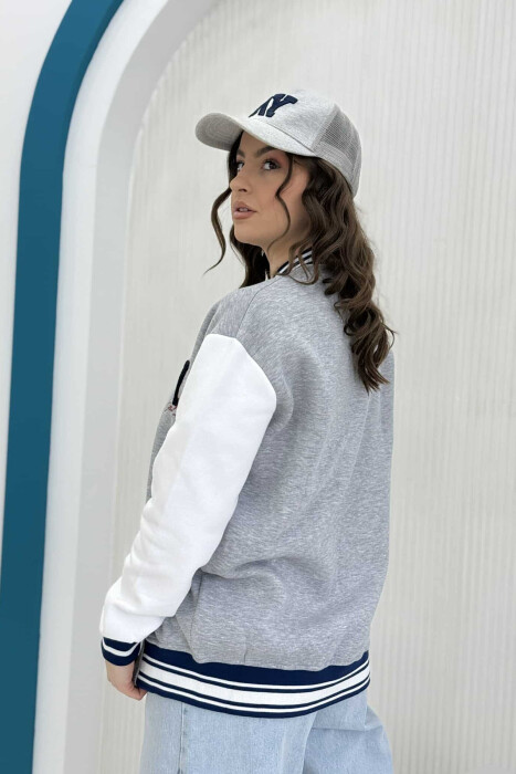 NY LOGO SIMPLE FLUFFY BOMBER WOMEN JACKET GREY-WHITE/GRBA - 5