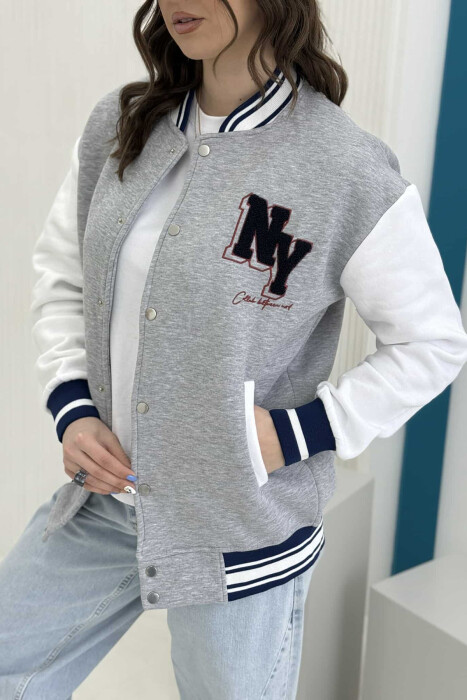 NY LOGO SIMPLE FLUFFY BOMBER WOMEN JACKET GREY-WHITE/GRBA - 6