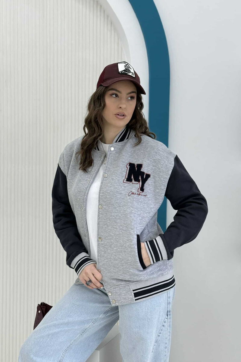 NY LOGO SIMPLE FLUFFY BOMBER WOMEN JACKET GREY/GRI - 2