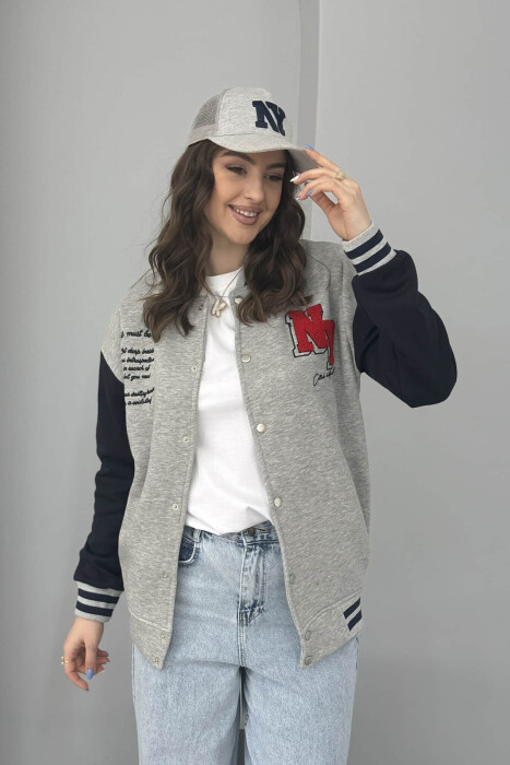 NY LOGO WRITTINGS FLUFFY BOMBER WOMEN JACKET GREY-DARK BLUE/GRBEE 