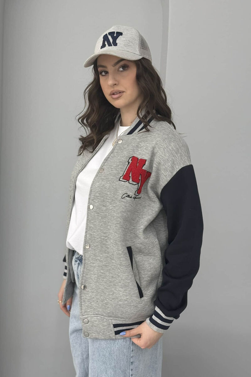 NY LOGO WRITTINGS FLUFFY BOMBER WOMEN JACKET GREY-DARK BLUE/GRBEE - 2