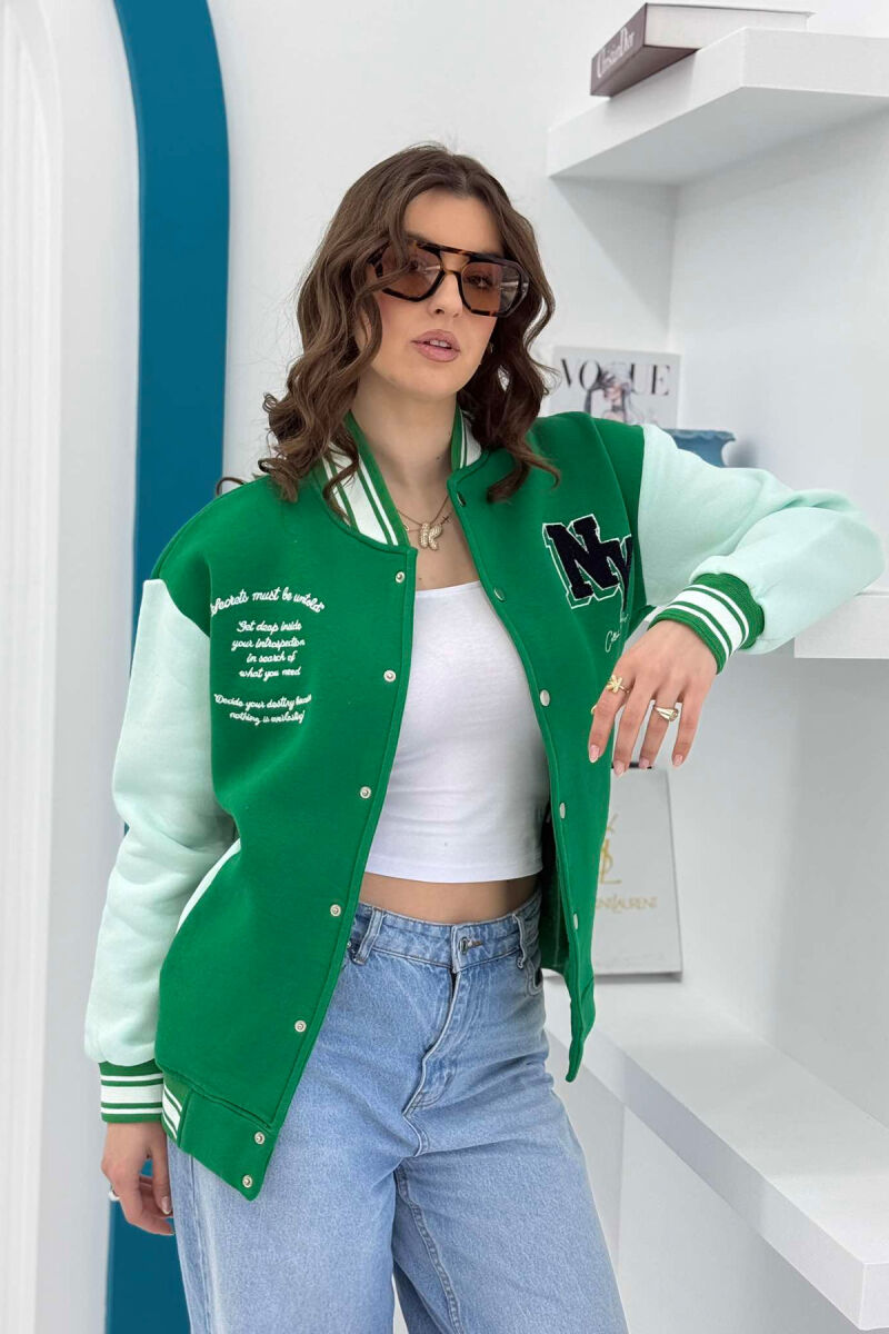 NY LOGO WRITTINGS FLUFFY BOMBER WOMEN JACKET WHITE/GREEN-BAJE - 1